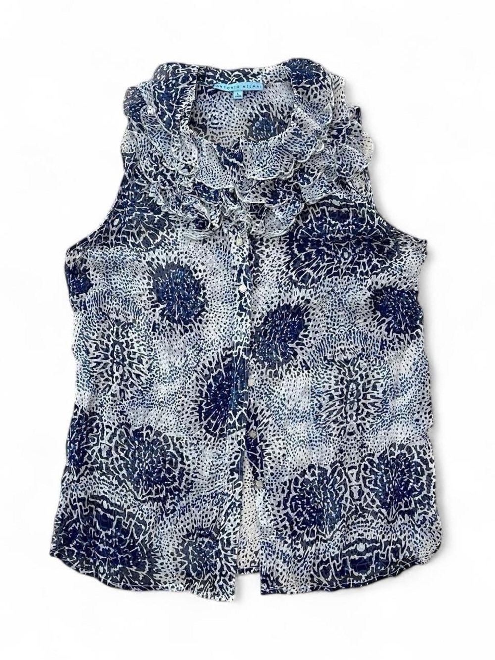 Antonio Melani Sleeveless Ruffle Collar Blouse - Navy/White Size L